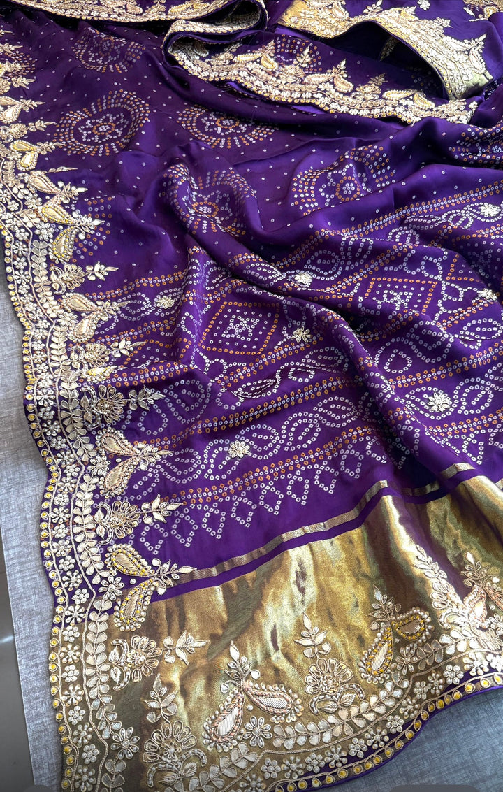 Pure Gajji Satin Bandhani Weaving Saree with Zardozi, Gotapatti, Pearl & Anchor Embellishments- Purple