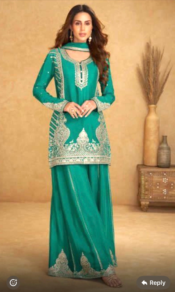 Real Chinon Silk Sharara- Gharara -GN- Sea Green Color