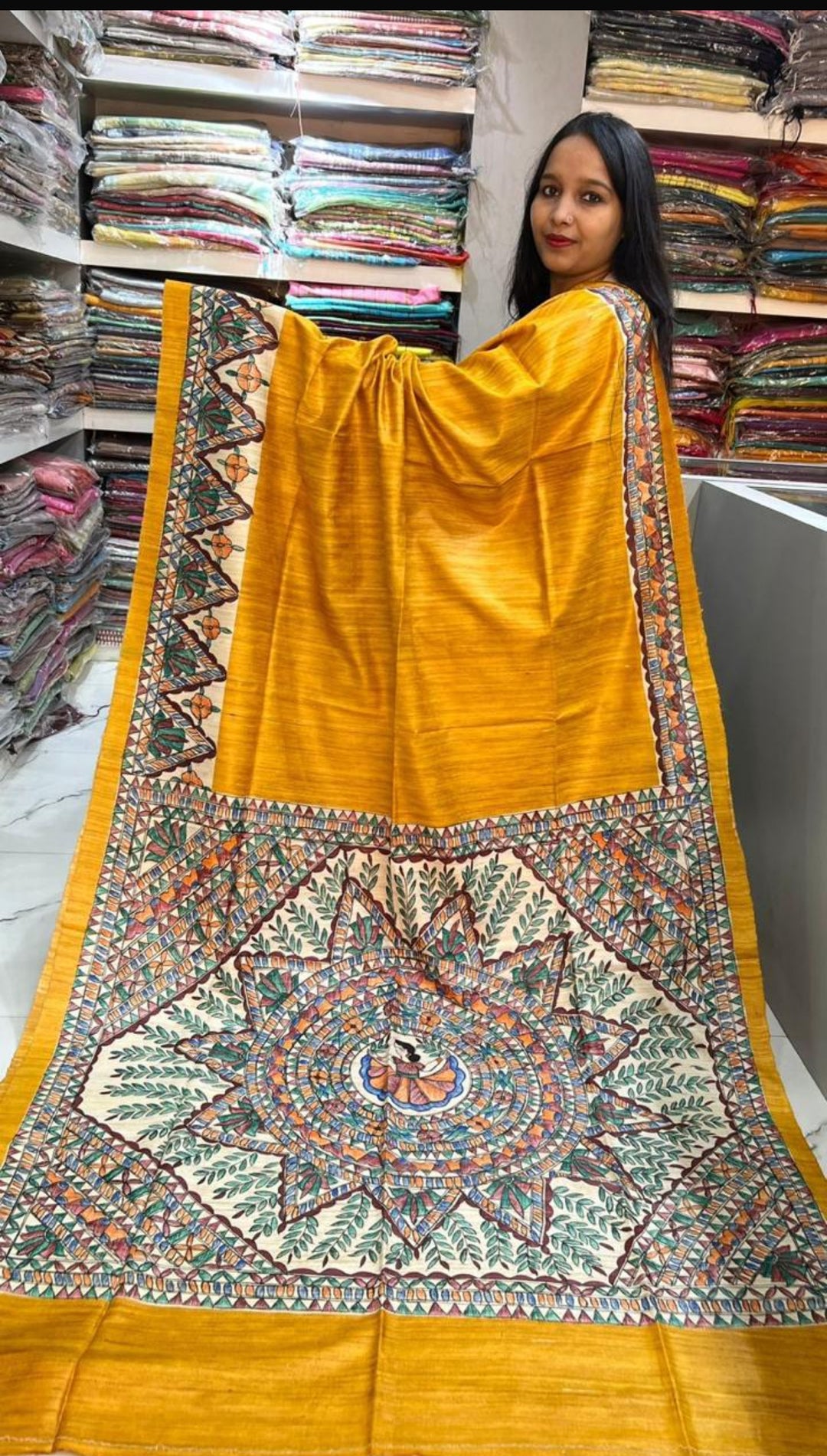 Pre Order- Hand-painted Madhubani Tussar Ghicha Silk Saree- Yellow
