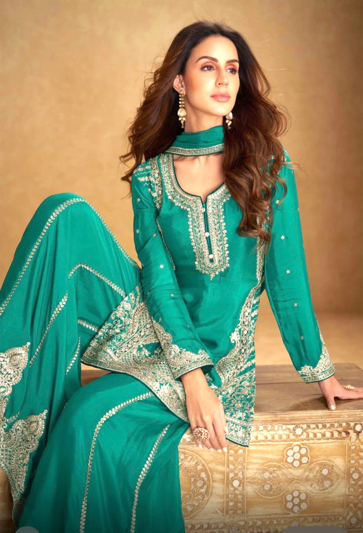 Real Chinon Silk Sharara- Gharara -GN- Sea Green Color