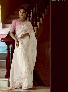 Designer Saree KP- Off white- Pink