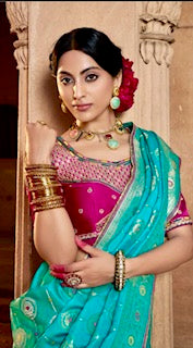 Designer Saree KK- Blue - Pink