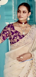 Designer Saree KA- Cream-Purple
