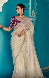 Designer Saree KA- Cream-Purple